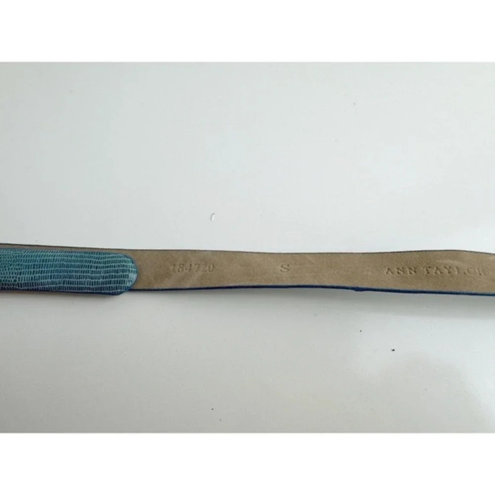 Ann Taylor Blue Lizard‎ Embossed Genuine Leather Slim Belt Silver Buckle S 47-85